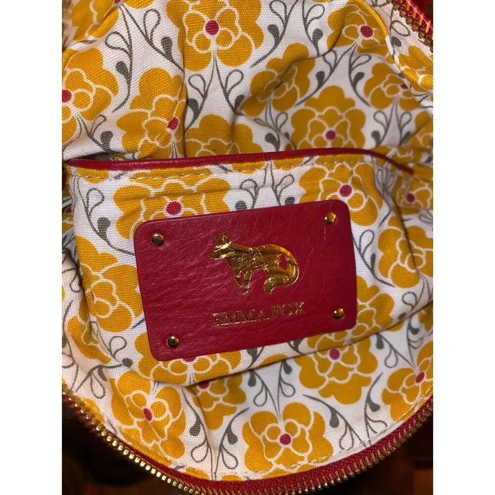 Emma Fox Red Pebbled Leather Foldover Clutch Bow Detail Floral Lining
